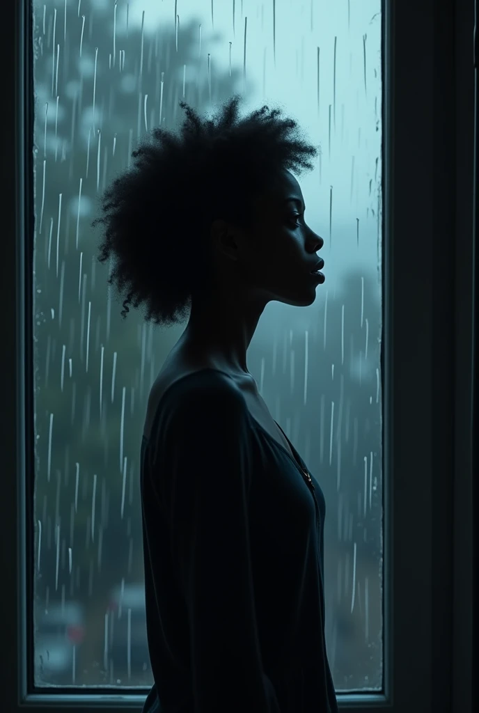 A sad black woman in front of a window looking at the rain. Silhouette shades of blue and gray and black.
