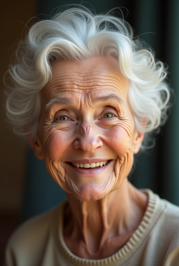 Image of grandmother with white hair smiling happily and eyes half open