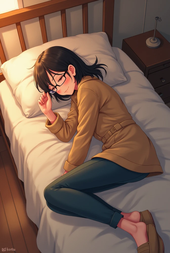 Nerd style girl lying on a single bed sleeping wearing a pea coat and pants with slippers and prescription glasses sleeping with a slight smile and a slightly flushed face