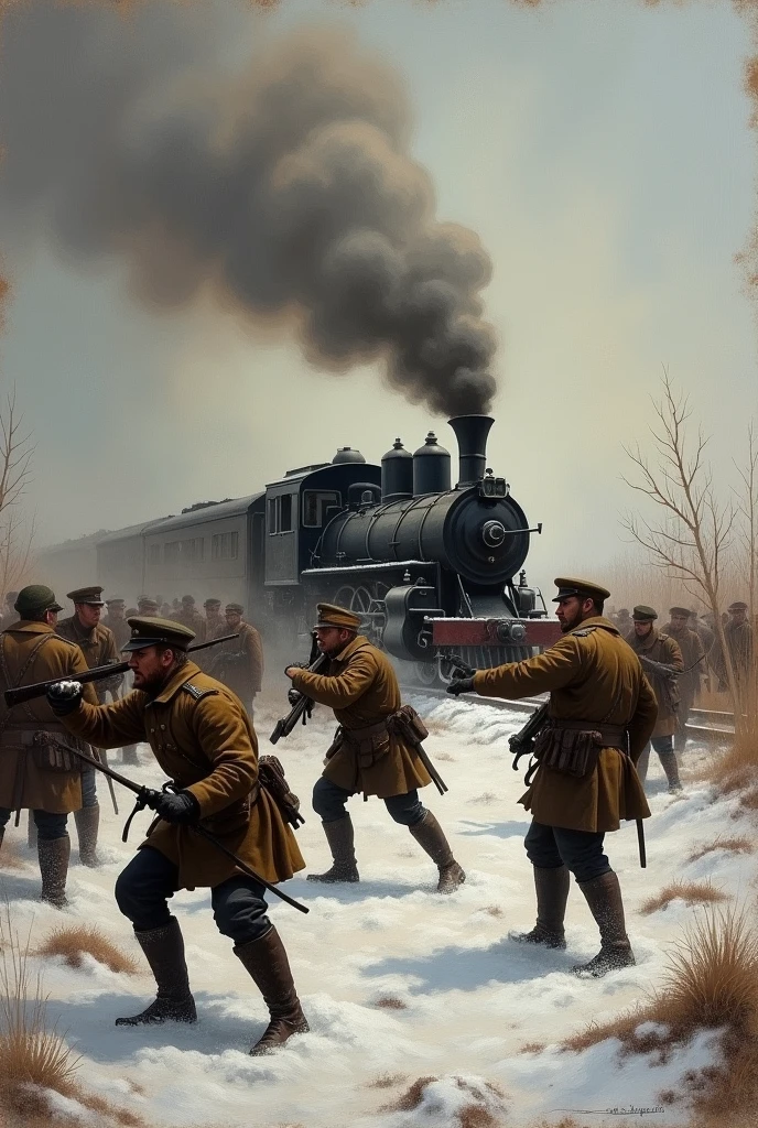 Russian Civi war near railway 1914 oil painting look 


