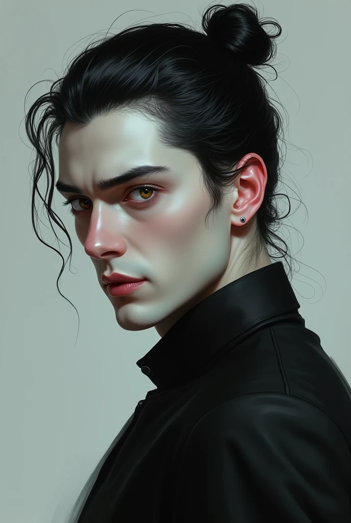 Man with jet black hair in a bun, hazel eyes and whitish skin.