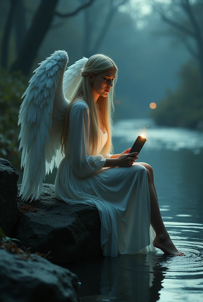 A captivating hiperealistic gothic atmosphere featuring a beautiful angel with very imposing wings closed over her head, long straight blonde hair flowing in the wind. Her strikingly clear eyes and gorgeous lips reflect an ethereal quality as she sits on a rugged rock by a serene river, the long veils of his dress falling from his legs until he dives into the water carried by the current. The scene is illuminated solely by the soft glow of her iPhone, casting a mystical light that highlights her delicate features and the surrounding dark, moody landscape. The river glimmers subtly in the background, enhancing the enchanting yet melancholic