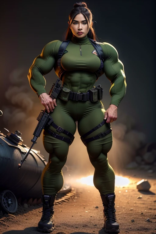 Photorealistic, high resolution, 1 malay woman wearing a green beret, Solo, Hips up, Battlefield background，view the viewer, (Detailed face), braided hair, wearing a green beret and a special team logo, SWAT vests, airborne logo on the chest, sniper rifle handle, camouflage combat suit, Camoflage military uniform, SWAT Boots, bulletproof vest, Holding an assault rifle, M16, Inside the jungle of Royal Belum, Very detailed, Perfect face, Black eye, jewelry, (full body view), Lifelike, masterpiece, HDR, 4K, veins everywhere, full veined body 