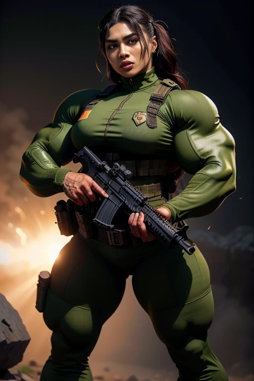Photorealistic, high resolution, 1 malay woman wearing a green beret, Solo, Hips up, Battlefield background,view the viewer, (Detailed face), braided hair, wearing a green beret and a special team logo, SWAT vests, airborne logo on the chest, sniper rifle handle, camouflage combat suit, Camoflage military uniform, SWAT Boots, bulletproof vest, Holding an assault rifle, M16, Inside the jungle of Royal Belum, Very detailed, Perfect face, Black eye, jewelry, (full body view), Lifelike, masterpiece, HDR, 4K, veins everywhere, full veined body