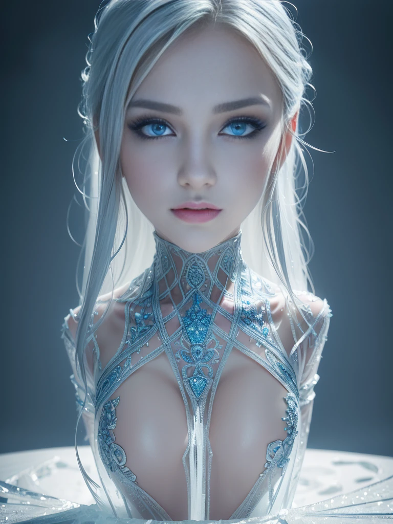 8k, (full body shot:1.7), 20-year-old swedish girl, raw, Beautiful woman, (straight gray hair), (ice carving clothes:1.5, Masterpiece ice sculpture:1.5, intricate sheer transparent translucent clothes, barely clothed, intricate, beautifull face, elegant dress, highly detailed, shyness), intricate, beautifull face, elegant, highly detailed, digital hyperrealistic photography, hyperrealistic photography filigree, shyness, most beautyfull face, (masterpiece, sidelighting, (finely detailed beautifull blue eyes: 1.2)),