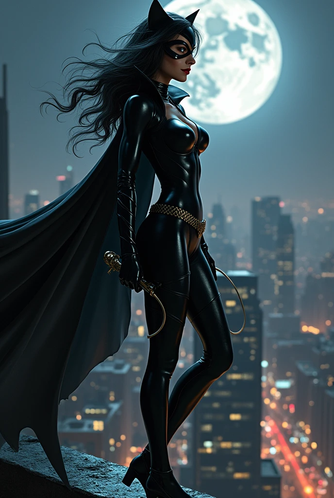 Catwoman stands elegantly on the edge of a Gotham City rooftop, the full moon casting a silver glow over her sleek, black catsuit. The suit clings perfectly to her athletic form, highlighting her agility and grace. Her whip is coiled in one hand, and her other hand rests confidently on her hip. The cat-like goggles on her face reflect the city lights, while her red lips curl into a sly, knowing smile. Below, the city pulses with life, unaware of the feline burglar watching from above. The wind catches her dark hair, and her cape billows slightly behind her, adding a sense of movement to her poised stance. The scene captures her dual nature—dangerous and seductive, always ready to pounce.