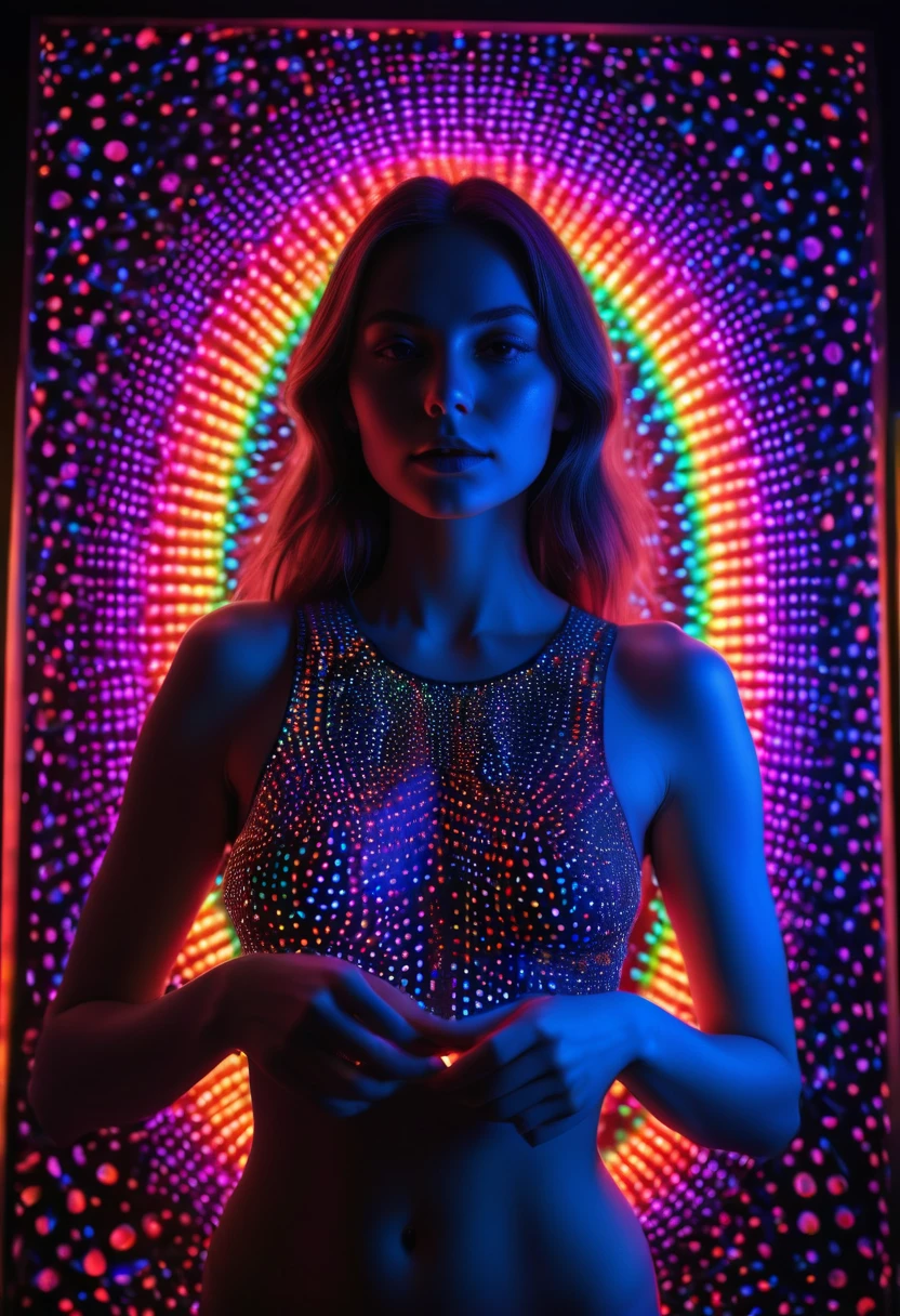 a picture of a (3DMM picture of a woman, (3 d depth of field: 1.4)) in a 3 d picture frame, 3DMM frame of lights, illusion of disappearing to infinity, RGB led point lights disappear inward from edge, infinity mirror, 3 d neon art of a woman's body, psychedelic photoluminescent, vivid!!, psychedelic lighting, psychedelic black light, by Jon Coffelt, lsd visuals, neon version of style jim burns, ledspace, skin made of led point lights, RGB led effects