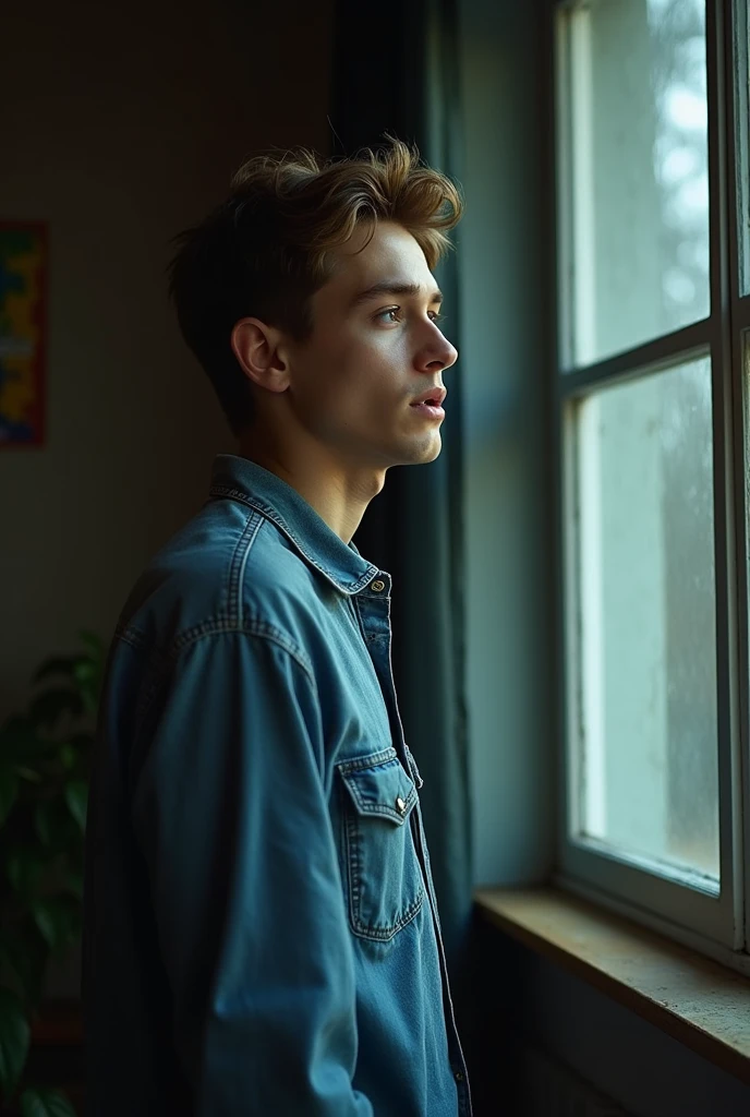a tender moment of revenge, a white skin husband in his mid-20s, with gentle facial features, no beard, warm skin tones, and standing looking outside the window, the husband's light brown hair neat combed, he wears comfortable, earthy-toned clothing, the husband's faded blue denim shirt, conveying a sense shocked, the background is dim, the entire scene radiating panic, suspicious and scared.