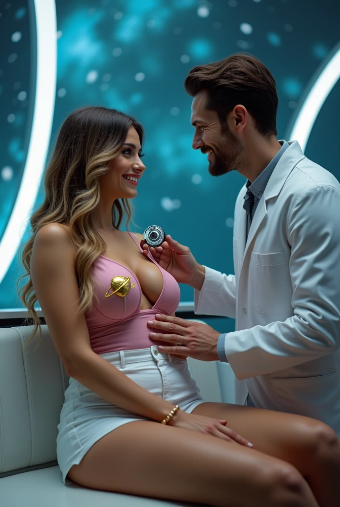 Image of a sexy woman with long brown blonde highlights aged 3, talla 42DD, of very good and beautiful body, caderona, big breasts,is examined by a 1 male, He has a device that looks like a small metal cylinder., They smile and joke as she lies on the couch in a futuristic room, It has a ceiling where images of the starry sky are projected. She is wearing short white shorts with a low-cut pink top with details of golden planets and stars.