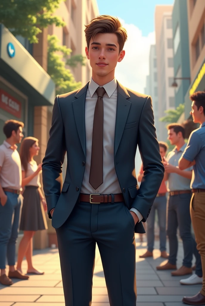 The boy, now a young man in a well-fitted suit, stands in front of a successful business establishment with a confident smile. The atmosphere is bustling, and his employees greet him with respect.