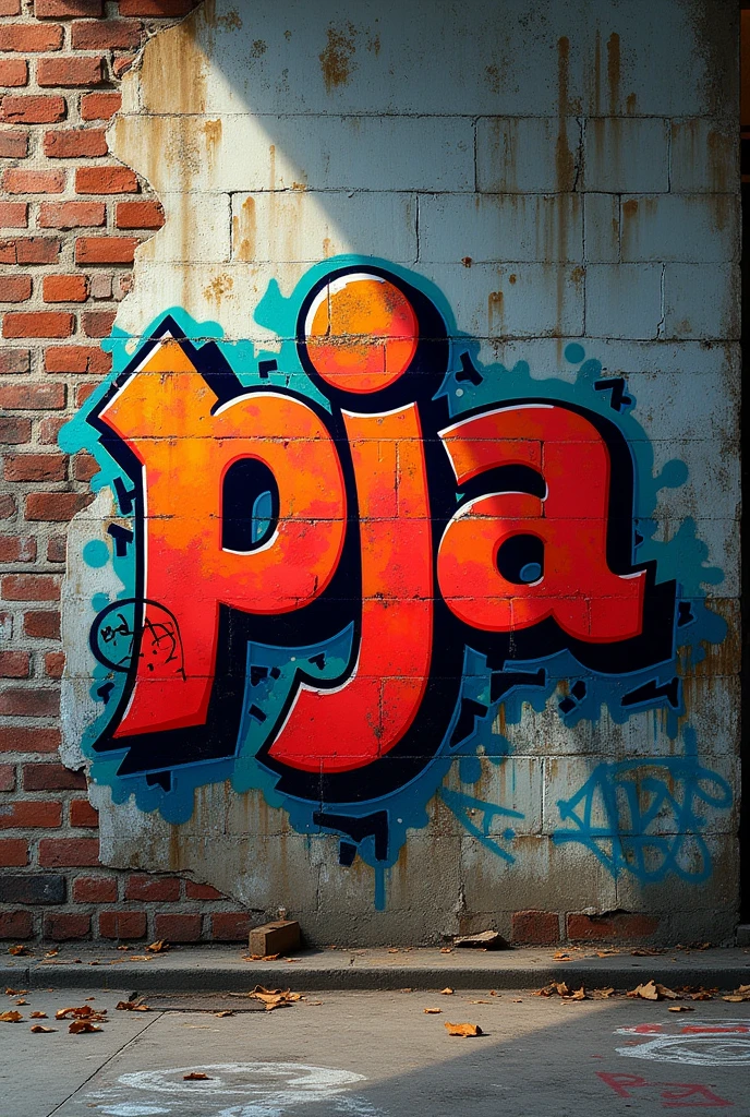 creates an image of a wall graffitied with the graffiti that says “PJA” in a street style