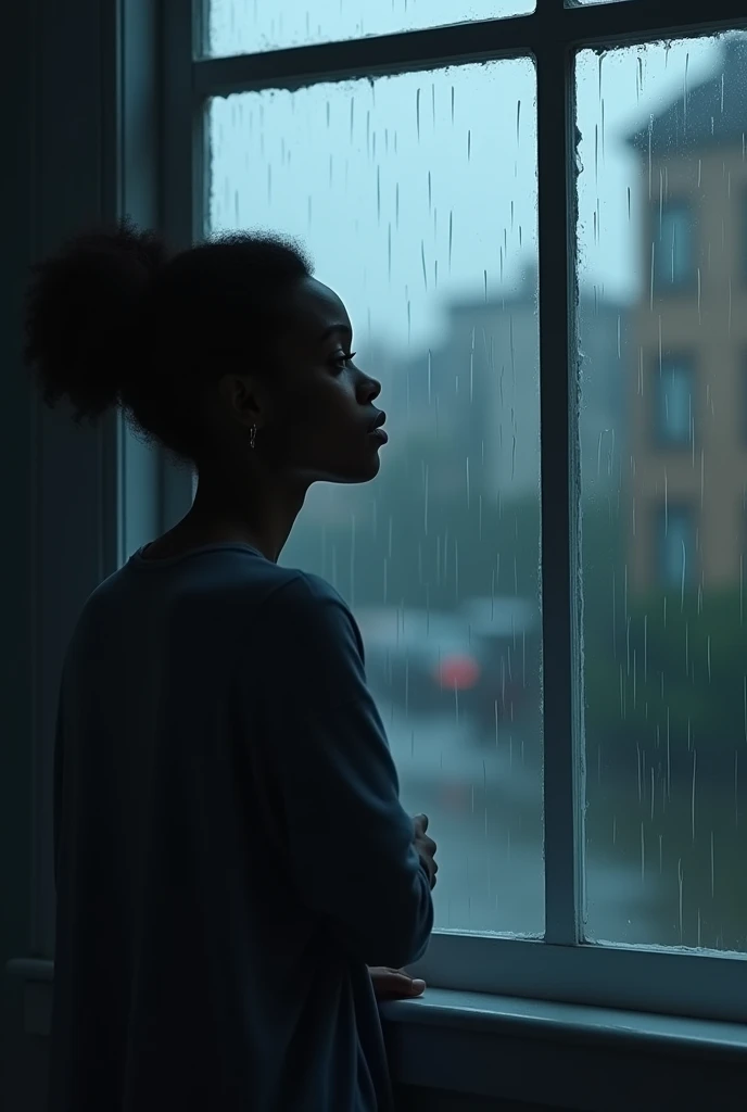 A sad black woman in front of a window looking at the rain. Silhouette shades of blue and gray and black.