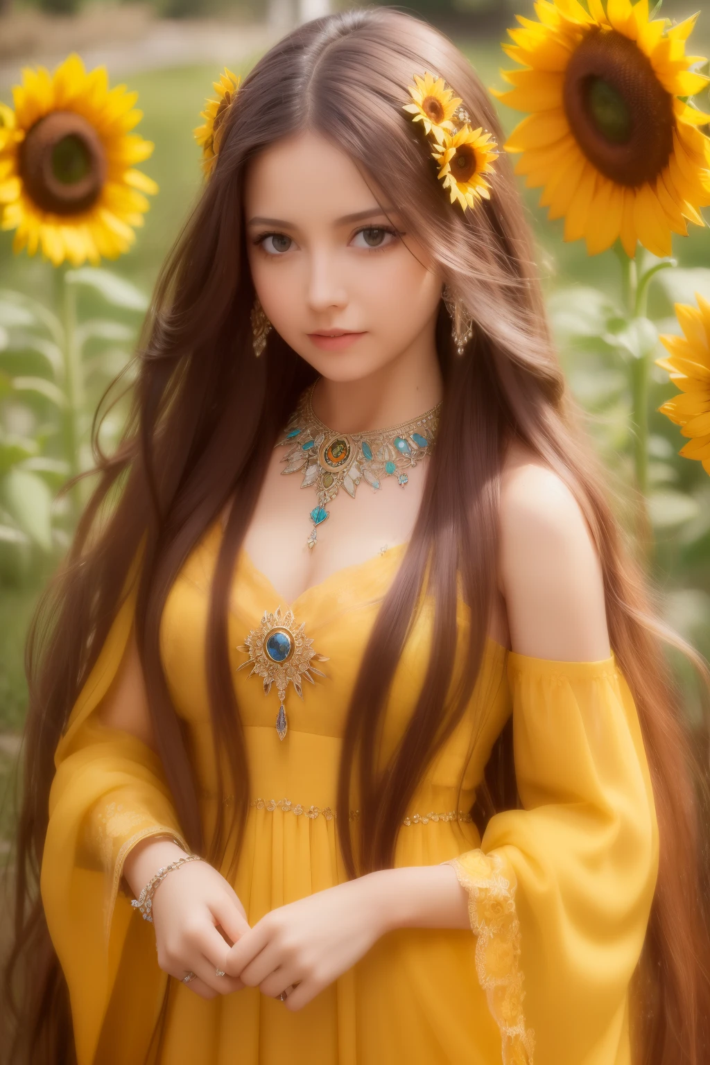 ( Absurdly , High quality , ultra detailed ) ,( hand detailed ) ,girl with her daughters, very long hair, sunflower hair , beautiful crystal eyes ( eye detailed ) Baroque, Necklace, long dress, long sleeve, elegant, colorful, highest detailed, upper body , with the river and sunflowers
