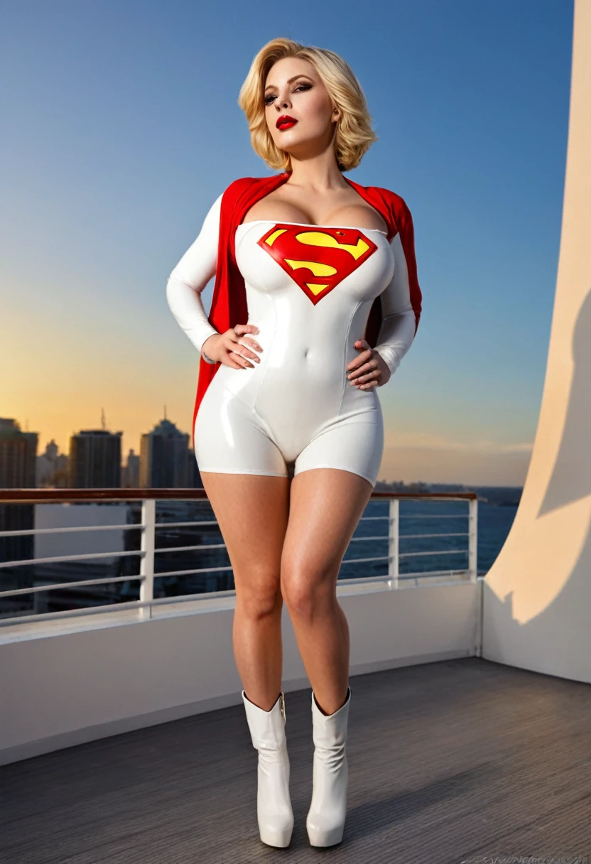 1 sexy beautiful supergirl (superhero)blonde_hair, short hair, (((hourglass body shape))), round ass, ((slim waist)), ((wide hips)), sexy legs, (curvy:1), big breasts, cleavage, perfect curvy ass, (8k, RAW photo:1.2), (best quality), (masterpiece:1.2), (realistic), (photorealistic:1.0), on a ship on the terrace of a skyscraper, sunset colorful light, full body view, beautiful detailed eyes, beautiful detailed nose, (((she wears white latex suit revealing sexy boob))), full body view, beautiful detailed eyes, beautiful detailed nose, (((she is looking to the viewer)),(((she is standing in the blowing of the wind))), (((knees up))), (((from below knees level, from front))), ((open crotch, open your legs, spreading legs wide apart))), (((she wears long, over-the-knee, high-heeled boots ))), (((you can see how the sun sets in the red and black sky))), (((she gets off the ship )))