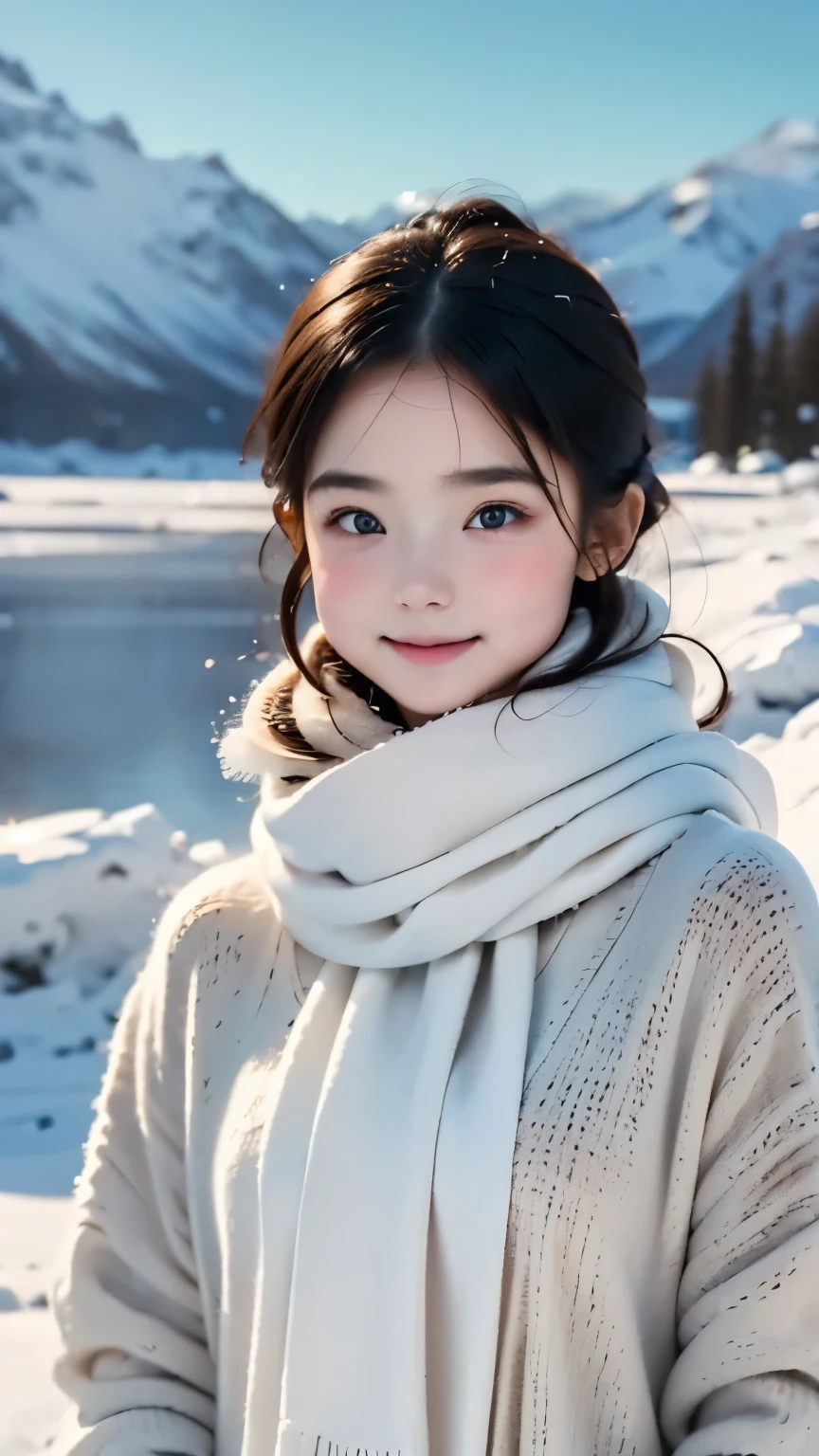 (Highest quality: 1.5), (masterpiece: 1.2), (Realistic: 1), 4K, (RAW Photos: 1.1), 1 person, Baby Face, 20-year-old, Looking at the audience, Black Hair, Icelandic, snow, ice, cold, Eskimo, Portraiture, winter, gloves, scarf, close your eyes, smile, cute, Upper Body, snow piled up, Wide Shot,