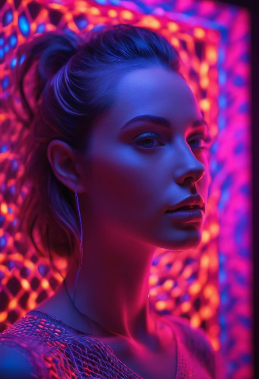 a picture of a (3DMM picture of a woman, (3 d depth of field: 1.4)) in a 3 d picture frame, 3DMM frame of lights, illusion of disappearing to infinity, RGB led point lights disappear inward from edge, infinity mirror, 3 d neon art of a woman's body, psychedelic photoluminescent, vivid!!, psychedelic lighting, psychedelic black light, by Jon Coffelt, lsd visuals, neon version of style jim burns, ledspace, skin made of led point lights, RGB led effects