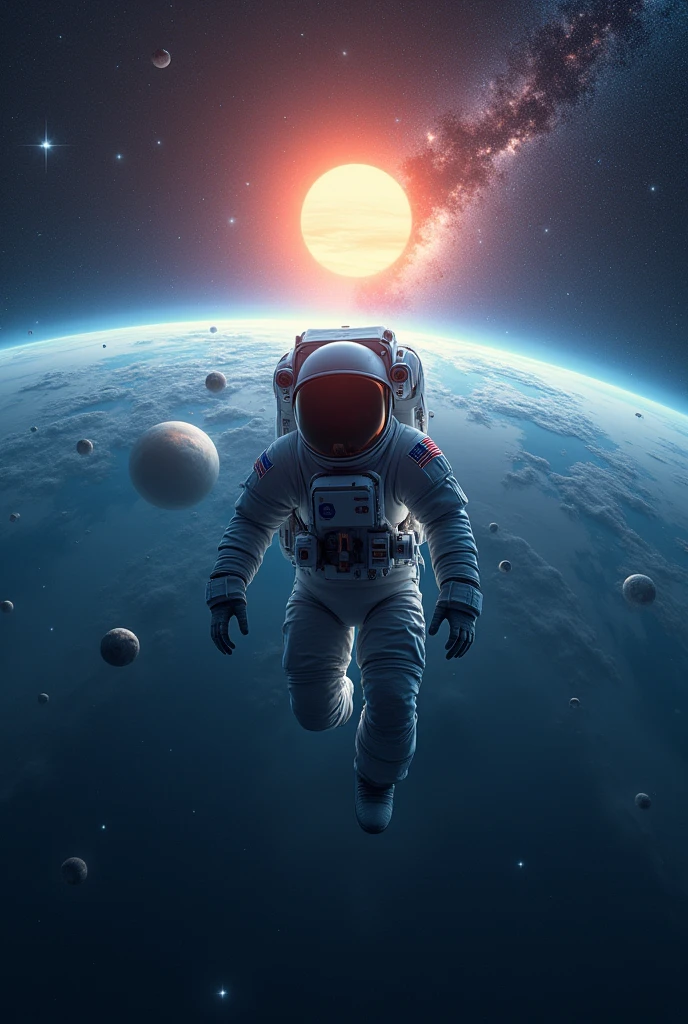 quality\(8k,wallpaper of extremely detailed CG unit, ​masterpiece,hight resolution,top-quality,top-quality real texture skin,hyper realisitic,increase the resolution,RAW photos,best qualtiy,highly detailed,the wallpaper,cinematic lighting,ray trace,golden ratio\), BREAK ,solo,1astronaut wearing space suit drifting aimlessly in the galaxy\(dark,beautiful,beautiful stars\) and a beautiful dazzling sun rising from behind the beautiful (blue earth:1.4),(long shot:1.5)