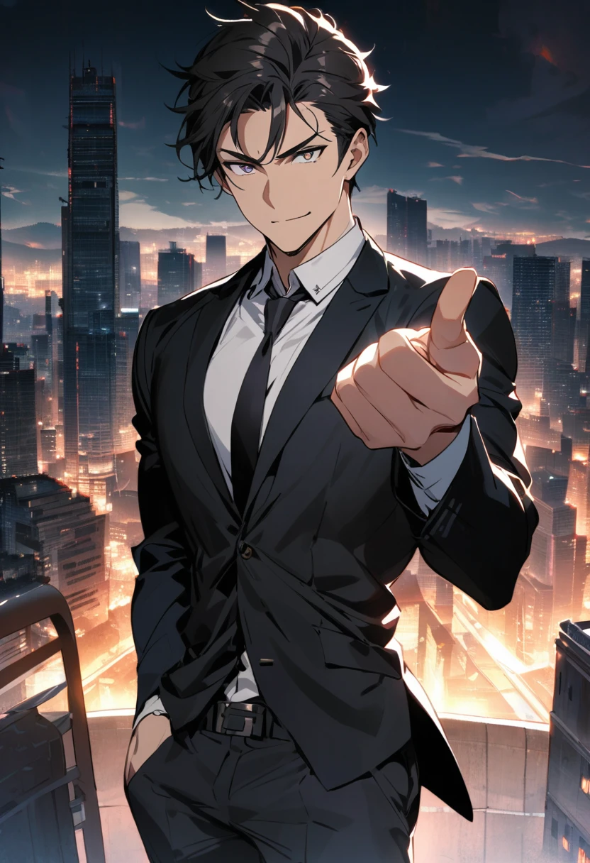 A handsome guy is holding a house in his left hand and pointing his right finger at you .The background of the entire rear is a modern city