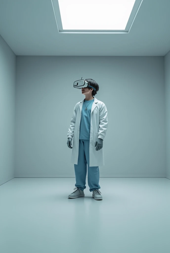 A student alone in the room learning practical knowledge of surgery with VR (virtual reality) without any instruments of surgery and the room is empty student should be dressed like doctors