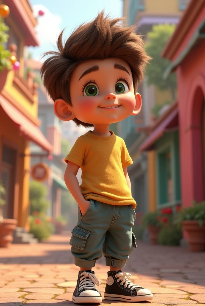 Character from the movie funnily, disney pixar style, 3d, with brown hair, black sneakers, Green Eye, greeneyes, pants, face and expressions of joy with a desire to help, brunette skin, loose fund, 8 k quality