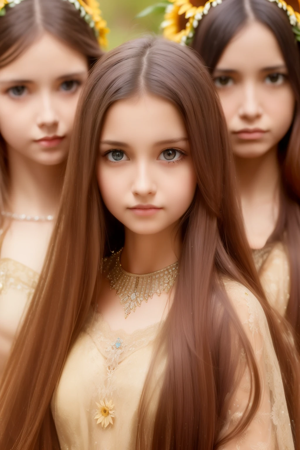 (  Absurdly , High quality , ultra detailed ) ,( hand detailed ) ,girl with her daughters,  very long hair, sunflower hair , beautiful crystal eyes ( eye detailed ) ,, elegant, colorful, highest detailed, upper body , 