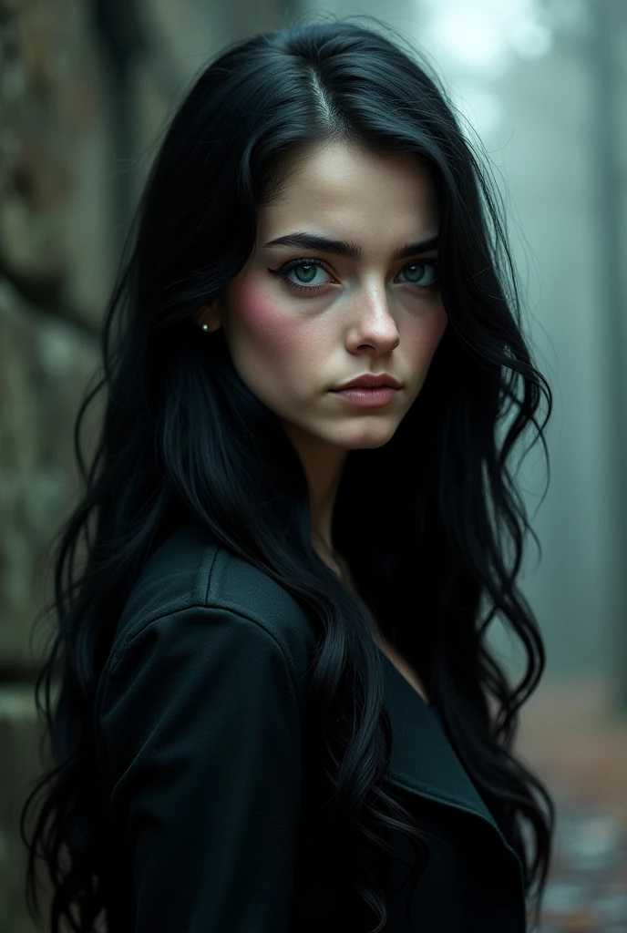 A girl, blue eyes, black hair, villainous beauty, fair skin, long hair, standing up, Slytherin, realistic