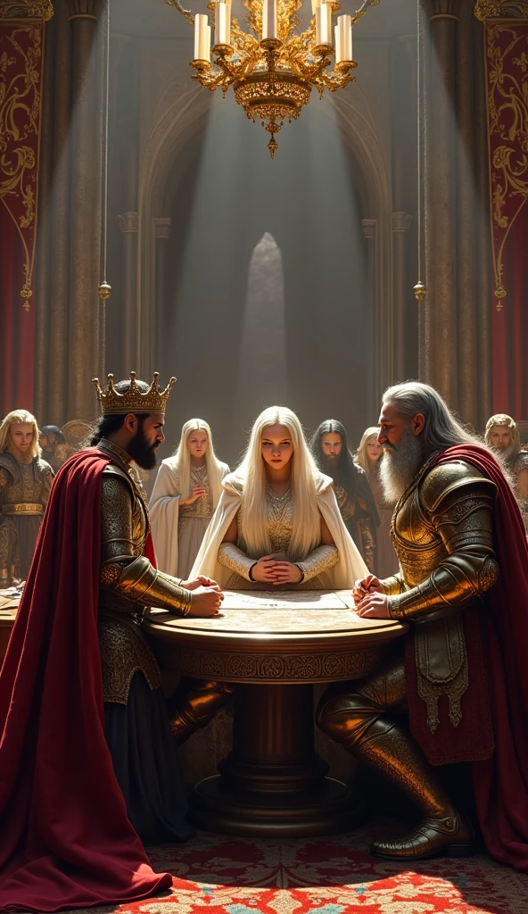 Show a scene in a large medieval courtroom, with King Arlock in golden armor and crown , Queen Ailith of the elves dressed in her white cloak and her wizard's staff and King Thorin of the dwarves dressed in his bronze armor sitting around a negotiating table, discussing the alliance between their kingdoms. The costumes are detailed and realistic, reflecting the culture and status of each monarch