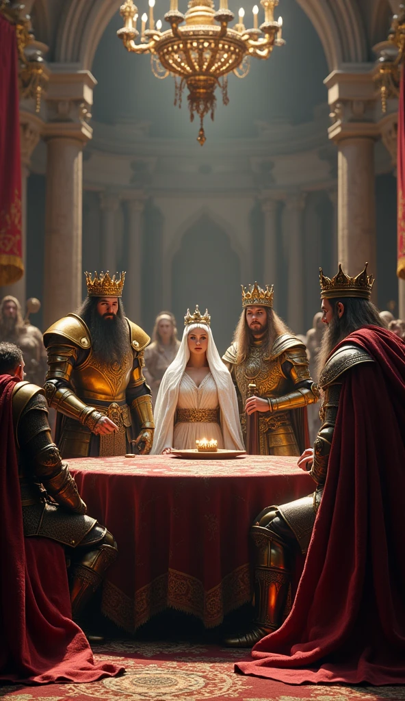 Show a scene in a large medieval courtroom, with King Arlock in golden armor and crown , Queen Ailith of the elves dressed in her white cloak and her wizard&#39;s staff and King Thorin of the dwarves dressed in his bronze armor sitting around a negotiating table, discussing the alliance between their kingdoms. The costumes are detailed and realistic, reflecting the culture and status of each monarch