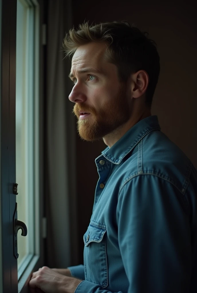 a tender moment of revenge, a white skin husband in his mid-30s, with gentle facial features, no beard, warm skin tones, and standing looking outside the window, the husband's light brown hair neat combed, he wears comfortable, earthy-toned clothing, the husband's faded blue denim shirt, conveying a sense shocked, the background is dim, the entire scene radiating panic, suspicious and scared.