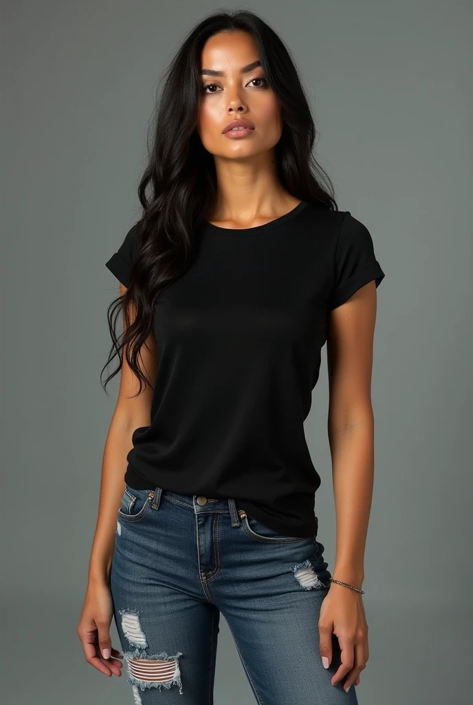beautiful latin woman, standing straight facing forward, with black t-shirt, ripped denim jeans pants, on a greyish background, cotton t-shirt texture, fitted t-shirt, round neck, striped tights. Medium camera shot.