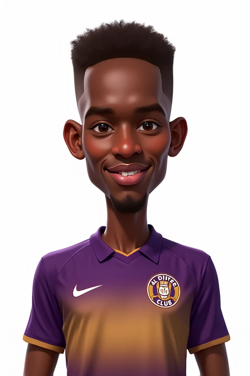 A caricature of a person, the person is a 3 man named Chidiebere Nwakali, wearing a club jersey called Al-Diriyah Club, the Al-Diriyah Club jersey is a gradient of purple mixed with brown and does not cover the Club Logo, and next to it is Al-Diriyah Club , his hair is cut in a Burst Fade Haircut with his hair color is brown, his face looks like a Saudi Arabian man, his skin is brown and half of his body and body are not too tall, don't wear accessories, the background is plain white,