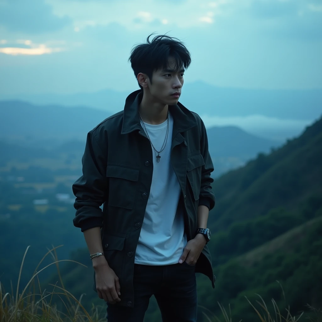 Berpose, whole body, pria Indonesia, fair skin,well-groomed face, self-confident, menawan, senyum tipis, trendy short black hair, wearing a cosplayer parka jeans jacket, White shirt, cool black watch, celana jeans hitam panjang, interesting pose, on top of a high mountain, dim lighting, under the clear blue sky , resembles a very realistic photo, high definition with additional elements of rain or fog and background,seen from the top of the mountain, beautiful countrysideBokeh, 