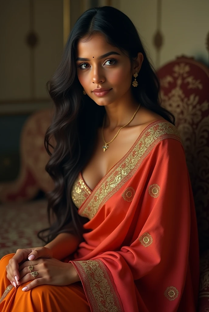 Indian girl in saree with big boobs they sitting down and her eyes see me and her hairs very long