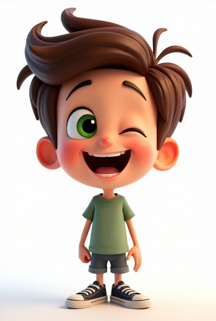 Character from the movie funnily, disney pixar style, 3d, with brown hair, black sneakers, Green Eye, greeneyes, pants, face and expressions of joy with a desire to help, brunette skin, white background, 8 k quality