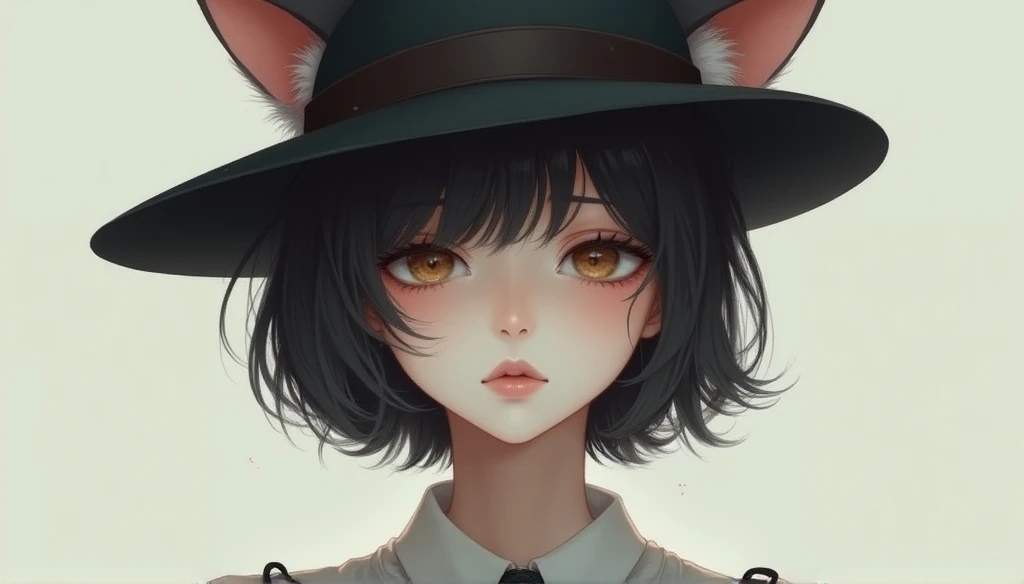 A beautiful girl with short hair and cat ears is shown with a sad expression.。She wears a hat、Hiding cat ears