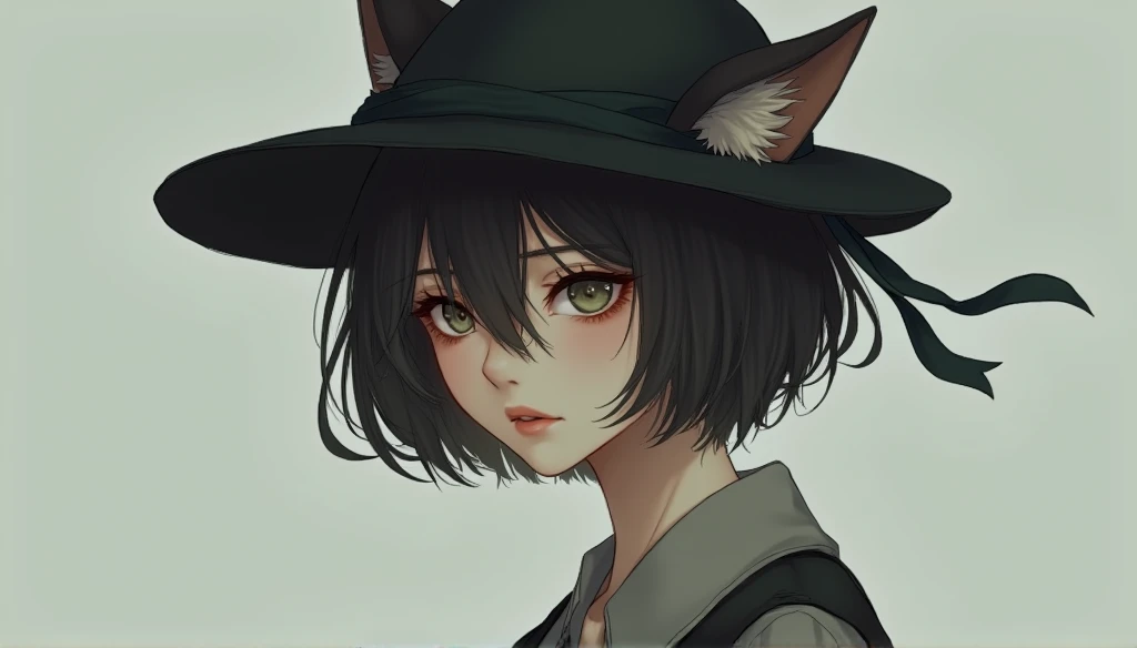 A beautiful girl with short hair and cat ears is shown with a sad expression.。She wears a hat、Hiding cat ears