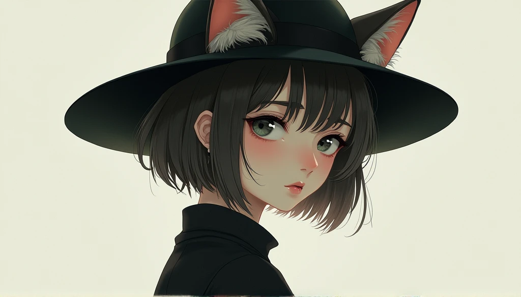 A beautiful girl with short hair and cat ears is shown with a sad expression.。She wears a hat、Hiding cat ears