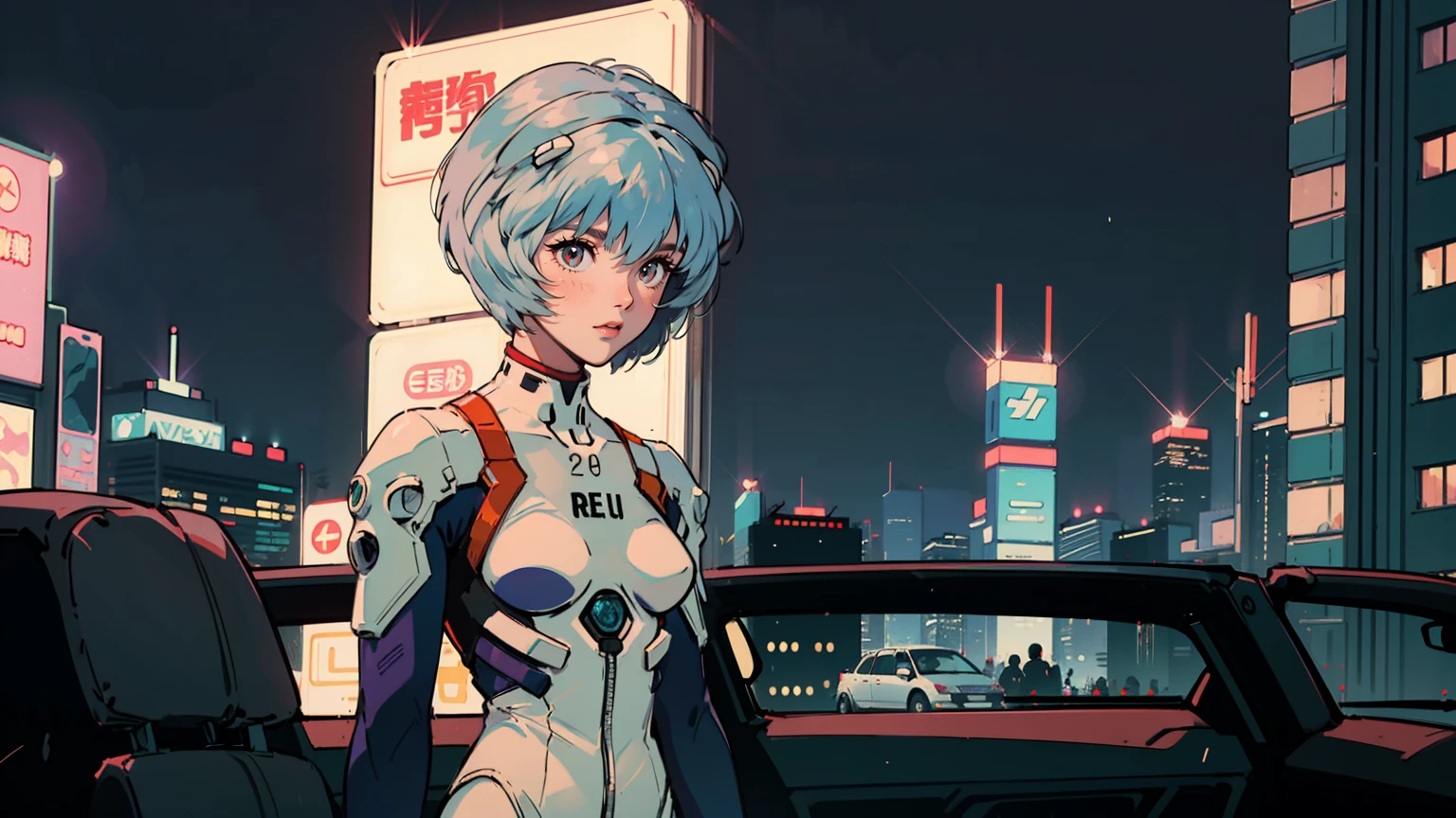 masterpiece, best quality, detailed, ((official style)), (((Rei Ayanami, 独奏))), /neon genesis evangelion/, (upper body), blue hair, short hair, bangs, red eyes, breasts, small breasts, white bodysuit, plugsuit, interface headset, pilot suit. Rainy night in a neon cyberpunk city,A sophisticated vehicle passes by, Neon sign flashing, Skyscrapers pierce the purplish blue sky. Despite being a bustling city, She stands alone、Late Night