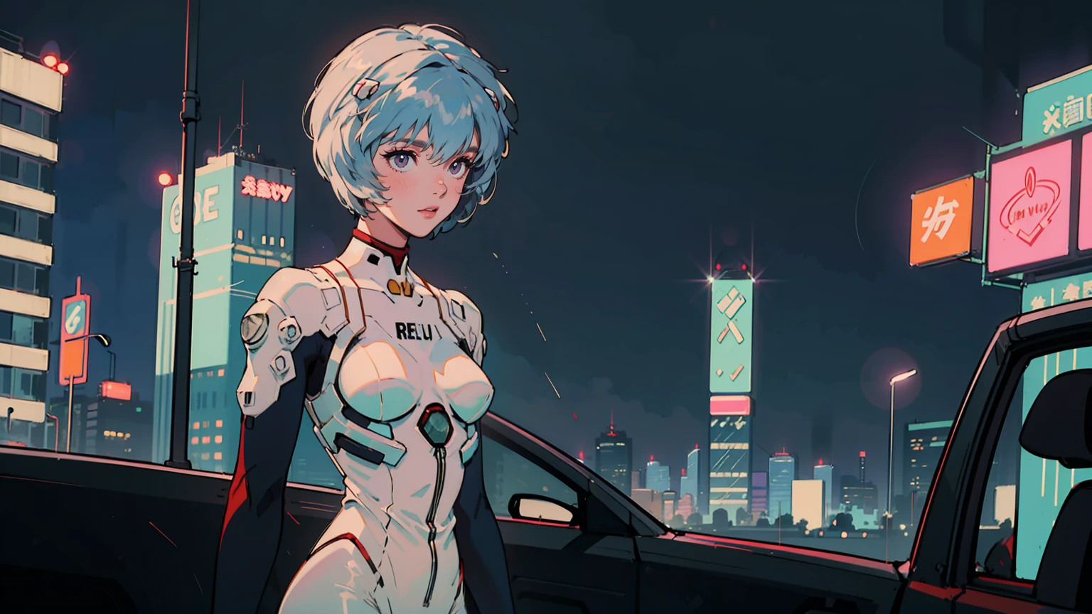 masterpiece, best quality, detailed, ((official style)), (((Rei Ayanami, 独奏))), /neon genesis evangelion/, (upper body), blue hair, short hair, bangs, red eyes, breasts, small breasts, white bodysuit, plugsuit, interface headset, pilot suit. Rainy night in a neon cyberpunk city,A sophisticated vehicle passes by, Neon sign flashing, Skyscrapers pierce the purplish blue sky. Despite being a bustling city, She stands alone、Late Night