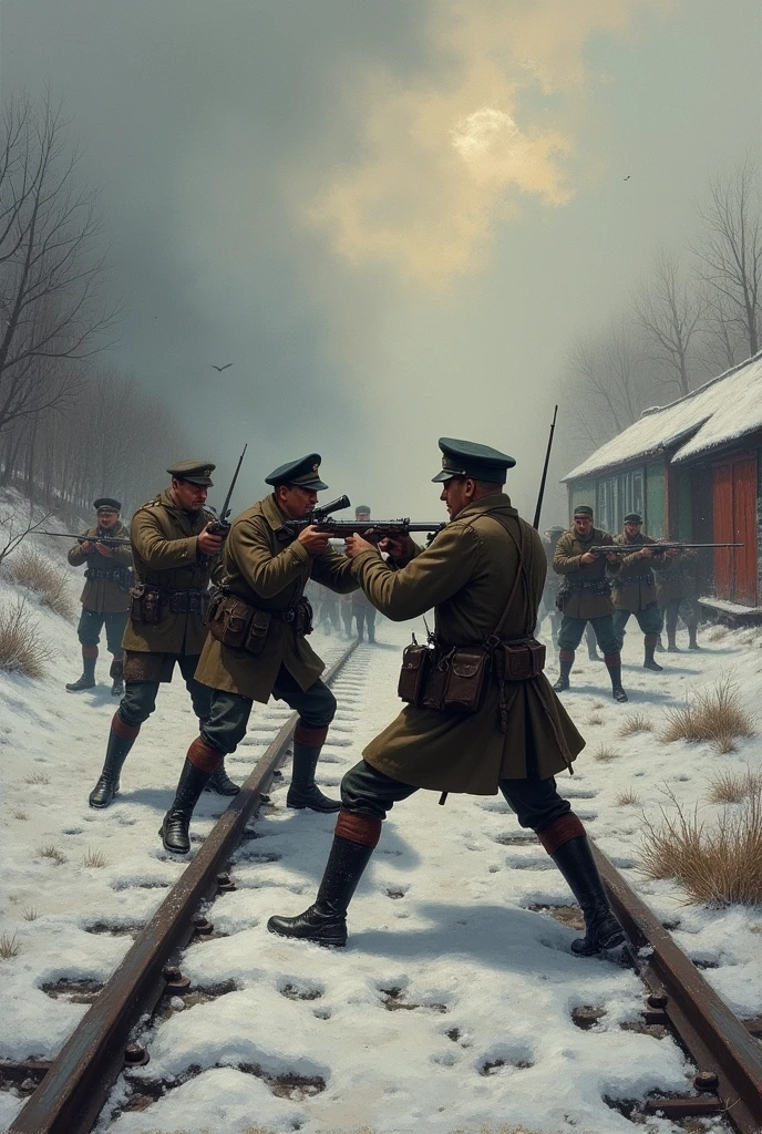 Russian Civi war near railway 1914 oil painting look for book cover "how to steel was tempered"