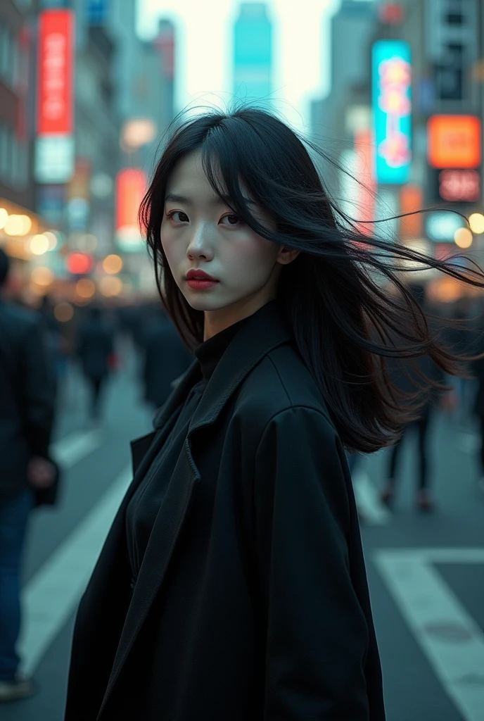 Motion blur is a fascinating time-lapse photograph capturing the starkness of a bustling, vibrant metropolis. The cityscape is a swirl of movement and vibrant color. The focal point is a beautiful young Japanese woman with gothic features, her silky mid-length hair blowing in the wind, standing in the street. Her striking presence contrasts with the chaotic background of people bustling about, their movements blurring the surrounding cityscape. The overall atmosphere is dynamic, with the play of light and shadow creating depth and texture, reflecting the fast rhythm of city life.