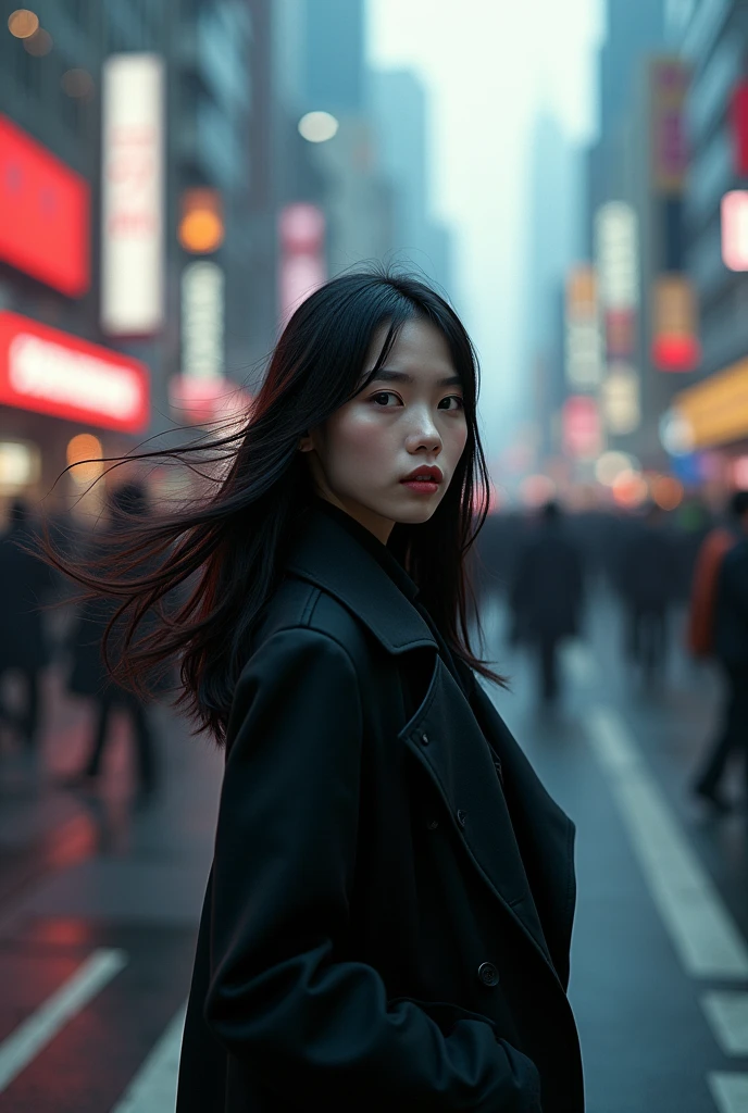 Motion blur is a fascinating time-lapse photograph capturing the starkness of a bustling, vibrant metropolis. The cityscape is a swirl of movement and vibrant color. The focal point is a beautiful young Japanese woman with gothic features, her silky mid-length hair blowing in the wind, standing in the street. Her striking presence contrasts with the chaotic background of people bustling about, their movements blurring the surrounding cityscape. The overall atmosphere is dynamic, with the play of light and shadow creating depth and texture, reflecting the fast rhythm of city life.