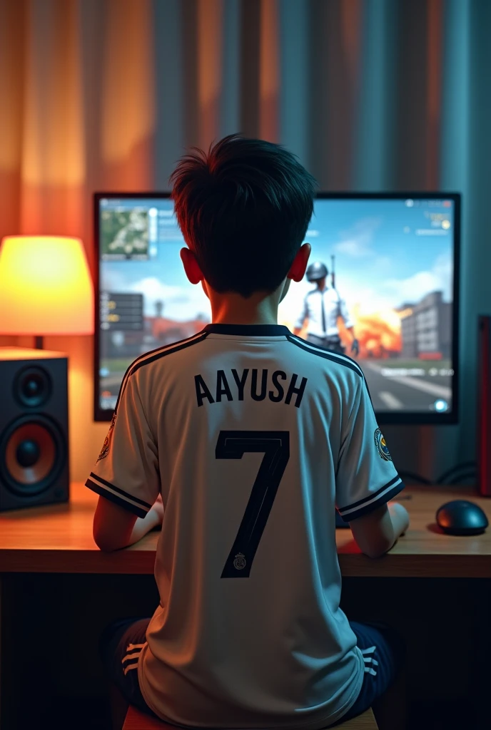 A boy is wearing Real Madrid jersey. The jersey number is 7. In the backside of jersey, the name “Aayush” is printed. He is playing pubg in his computer.