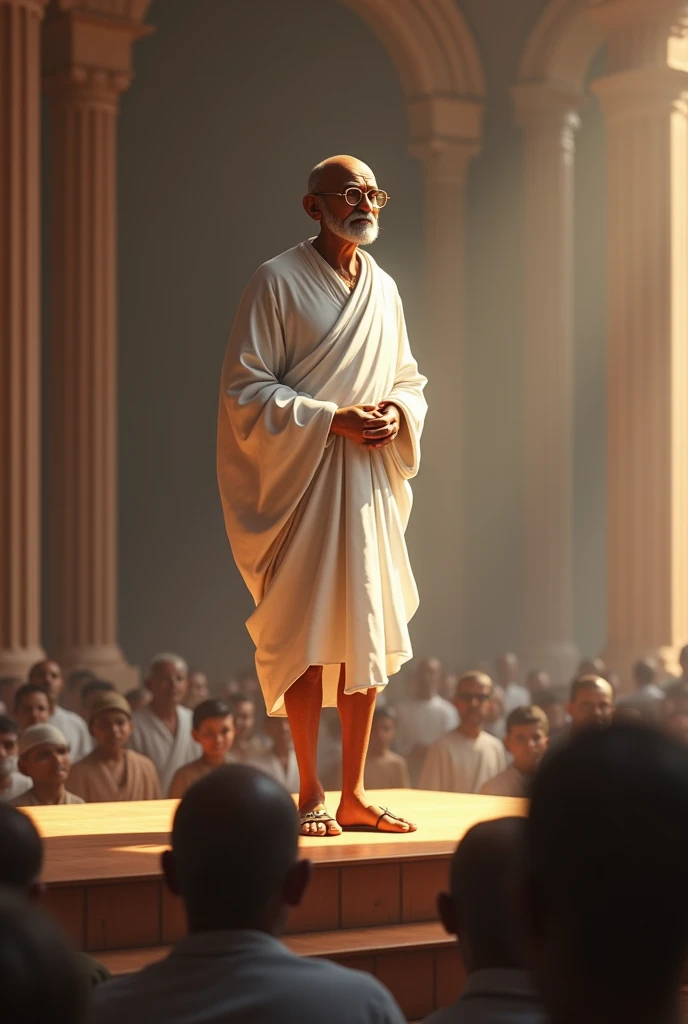 Mahatma Gandhi standing in a stage