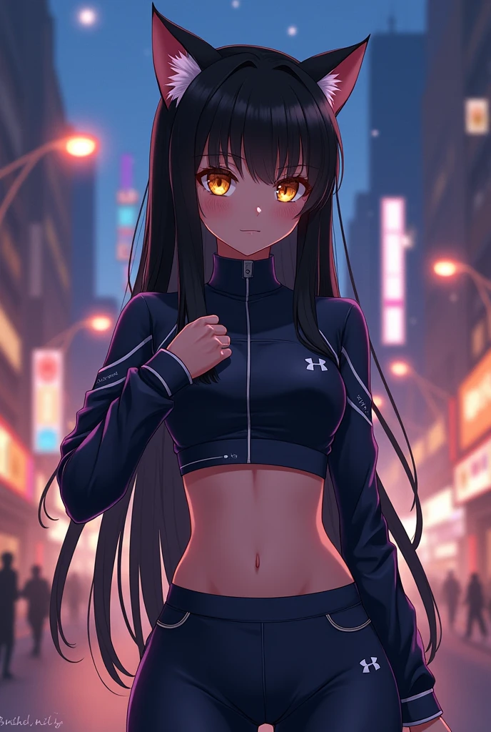 An anime girl who looks with cat ears, very long and straight black hair with bangs similar to Inuyasha's and golden eyes wearing sportswear walking through the bright city at night.