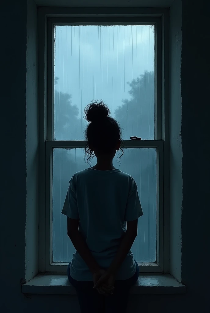 A sad black woman in front of a window looking at the rain. Silhouette shades of blue and gray and black. drawning.