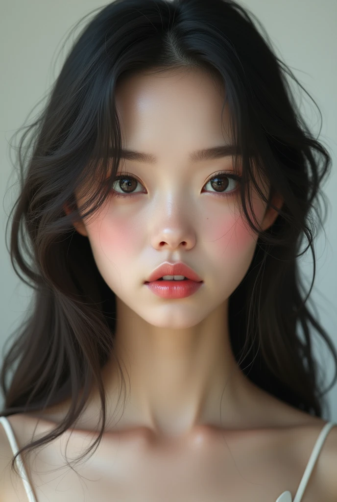 white skin woman, with big eyes, Long hair, Oval face, medium mouth, large, bushy eyebrows, medium nose.