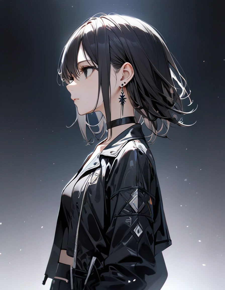 best quality, beautiful, 8K, expressionless, side view body, looking above, black eyes, slim, jacket, earrings, choker, concept