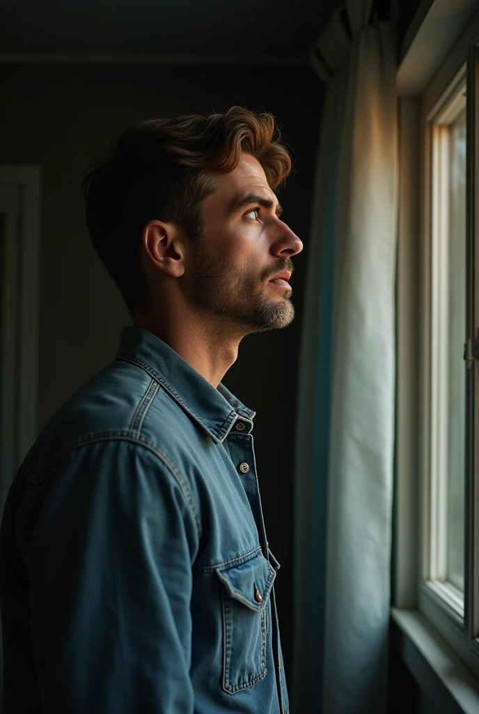 a tender moment of revenge, a white skin husband in his mid-30s, with gentle facial features, no hairy beard on face, warm skin tones, and standing looking outside the window, the husband's light brown hair neat combed, he wears comfortable, earthy-toned clothing, the husband's faded blue denim shirt, conveying a sense shocked, the background is dim, the entire scene radiating panic, suspicious and scared.
