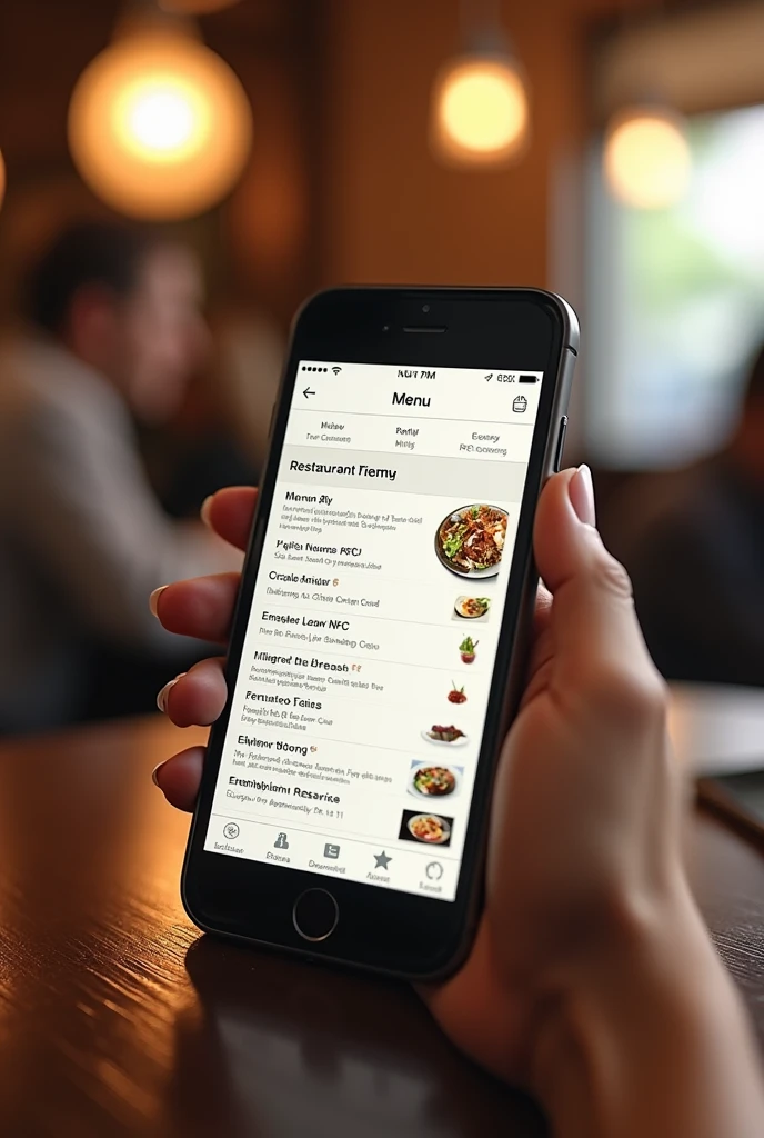 GENERATE AN IMAGE WHERE THE MENU OF A RESTAURANT CAN BE SEEN ON A CELL PHONE SCREEN AND THERE IS A WORD WITH NFC TECHNOLOGY